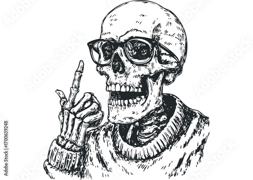 Skeleton wearing glasses and sweater gesturing with finger on transparent background. Vector hand drawn illustration