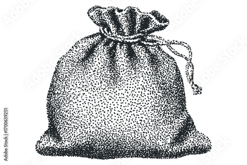 Pouch with drawstring detail created with stippling technique. Vector hand drawn illustration