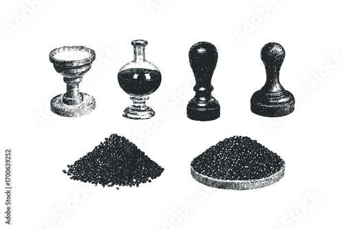 Vintage engraving of antique apothecary tools and granular substances. Vector hand drawn illustration