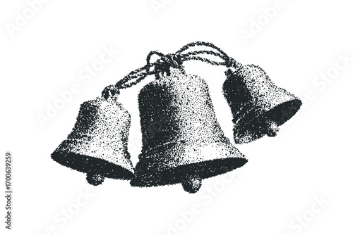 Three small ringing bells tied together in a cluster image. Vector hand drawn illustration