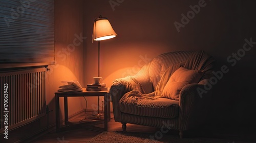Cozy armchair illuminated by warm lamplight in a quiet evening room.