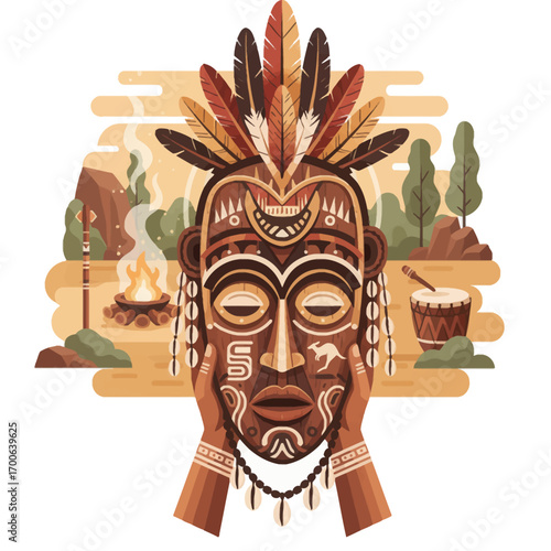 Tribal Ancestor Mask with Feathers, a Native American Illustration of Indigenous Culture and Ritual Art