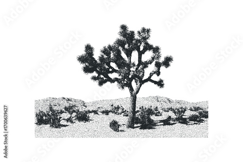 Stippled Joshua Tree in Arid Landscape. Vector hand drawn illustration