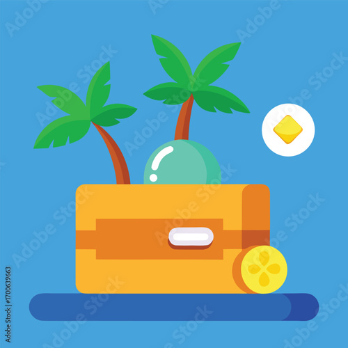 Cartoon game interface element featuring a treasure chest with palm trees, a coconut, and a coin, perfect for game development