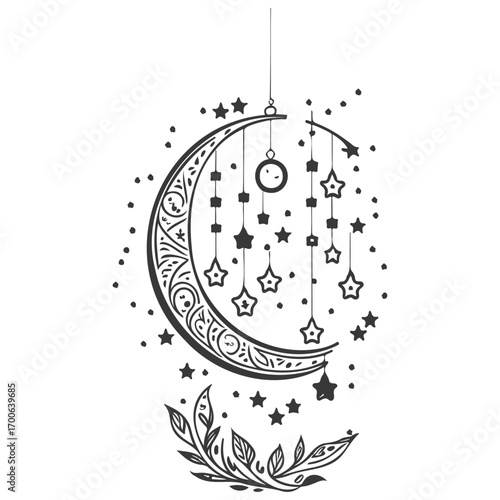 hanging moon star Ramadan illustration grey