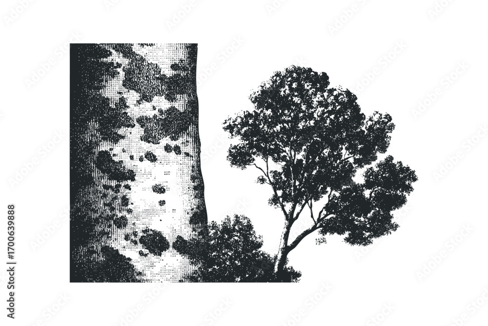 Textured tree trunk with dense foliage. Vector hand drawn illustration