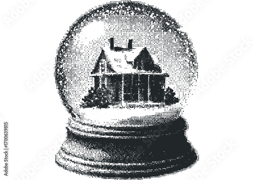 Halftone image of a snow globe containing a house with trees on a transparent background. Vector hand drawn illustration
