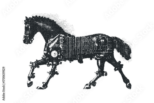 Steampunk horse silhouette on transparent background. Vector hand drawn illustration