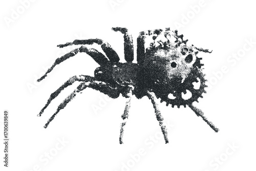Steampunk spider formed from gears on transparent background. Vector hand drawn illustration