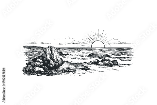 Pencil sketch of a rocky coastline with waves and a rising sun. Vector hand drawn illustration