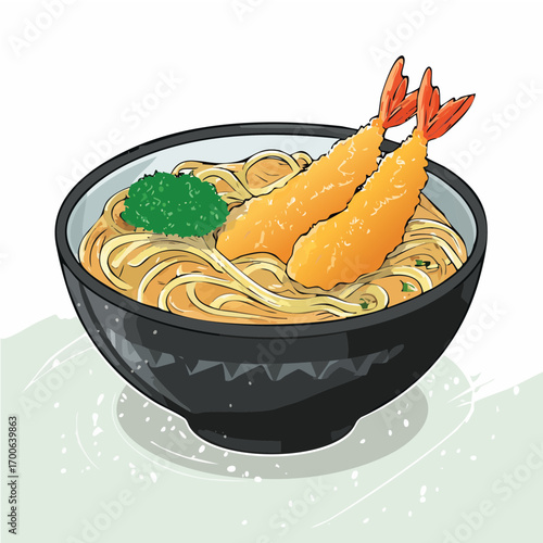 Anime Style Tempura Shrimp Noodle Bowl Vector Illustration