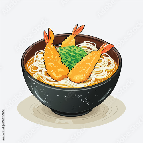 Anime Style Tempura Shrimp Noodle Bowl Vector Illustration