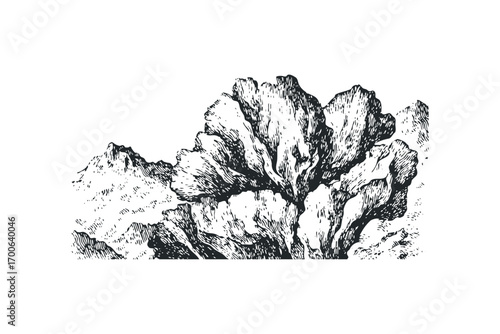 Stylized textured mountainous landscape in monochrome drawing style. Vector hand drawn illustration
