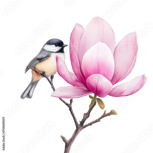Great tit bird perched on a blooming pink magnolia flower isolated on transparent background