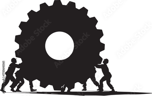 Teamwork Silhouette Moving Large Gear Together
