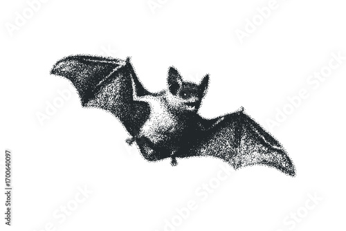 Stippled Flying Bat Creature Isolated Image. Vector hand drawn illustration