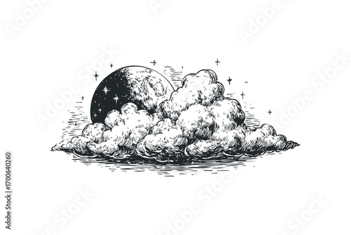 Full moon peeking from fluffy clouds at night with stars. Vector hand drawn illustration