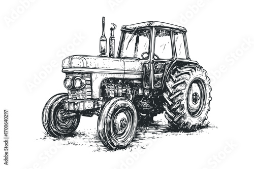 Old farm tractor on transparent. Vector hand drawn illustration