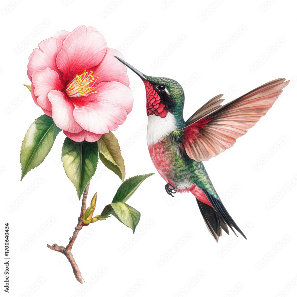 Obraz premium Watercolor painting of a hummingbird near a pink flower isolated on transparent background