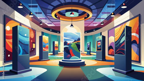 Elegant 360 panorama of a contemporary gallery space, highlighting sleek black pedestals, vibrant paintings, soft track lighting, and spacious white interiors, blending artistic energy with modern arc