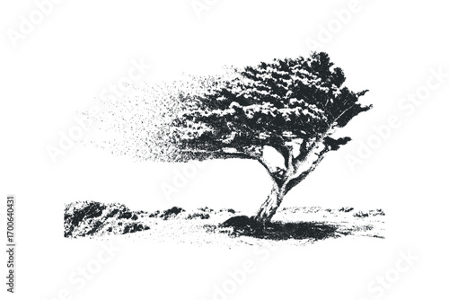 Isolated dissolving tree silhouette with textured foliage and sparse ground cover on white. Vector hand drawn illustration