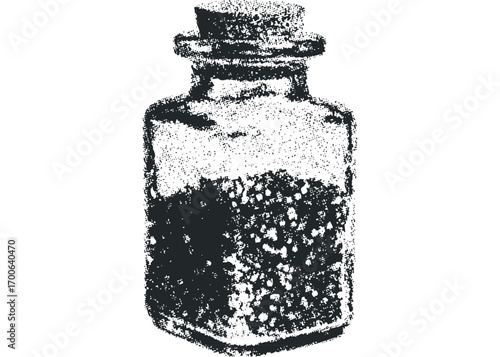 Textured transparent of vintage glass potion bottle with cork stopper. Vector hand drawn illustration