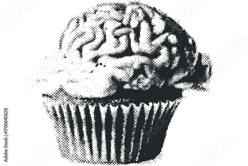 Halftone textured cupcake shaped like a human brain, image. Vector hand drawn illustration