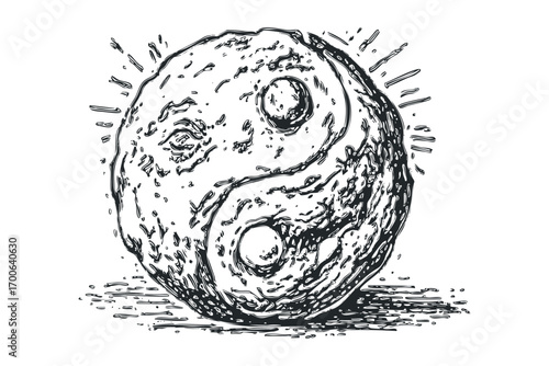 Hand Drawn Yin Yang Symbol with Rough Textured Sphere Isolated on Transparent. Vector hand drawn illustration
