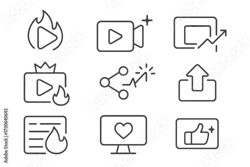 Trending Video Icons. Line style icons of trending videos: play icon with flame, video camera with spark badge, screen with arrow