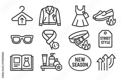 Fashion Icon Line Art. Line style icons of trending fashion: clothing hanger with upward tag, jacket with spark, dress with label,