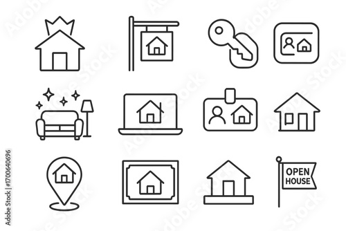 Real Estate Icons. Line style icons of featured homes: house icon with crown, “just listed” label, key with badge, living room