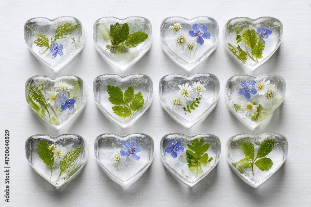 Fototapeta premium Heart-shaped ice cubes, each holding pressed wildflowers