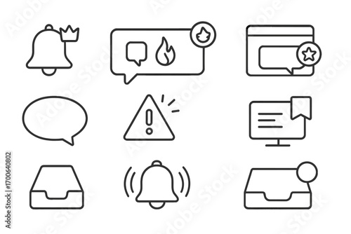 Line Style Icons. Line style icons of top notifications: bell with crown tag, alert message with flame, popup icon with star badge