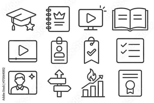 Educational Icons Collection. Line style icons of top learning courses: graduation cap with star, notebook with crown, tutorial