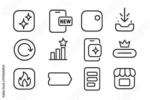 Line Style App Icons. Line style icons of latest apps: app icon with sparkle, smartphone screen with “new” tag, badge on launcher