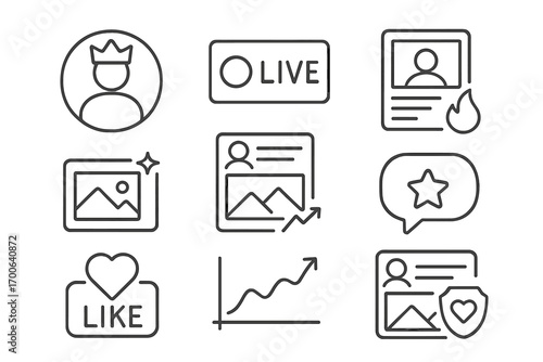 Influencer Icons Collection. Line style icons of best influencers: profile avatar with crown, live stream badge, post with flame