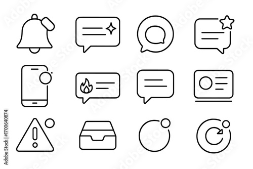 Line Style Notifications. Line style icons of latest notifications: bell with “new” tag, popup message with sparkle badge, alert