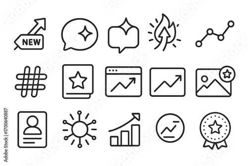 Trending Icons Collection. Line style icons of latest trends: arrow with “new” tag, buzzword bubble with sparkle, trending icon