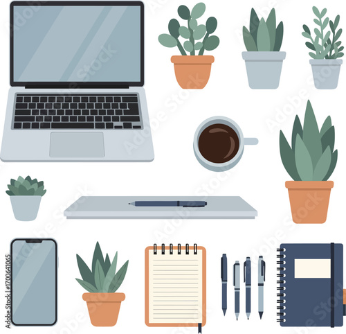 Modern desk setup with laptop coffee plant smartphone notebook and pens workspace essentials vector