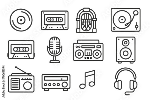 Retro Music Icons. Line style icons of retro music: vinyl disc, cassette tape, jukebox, turntable; mix tape icon, retro mic, boom