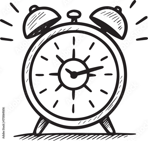 Vintage Alarm Clock: a hand-drawn vintage alarm clock, standing ready to alert. This timeless symbol of punctuality is crafted with intricate lines and a classic design.
