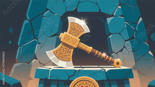 illustration of an ancient shining axe with a cracked stone podium background vector design template