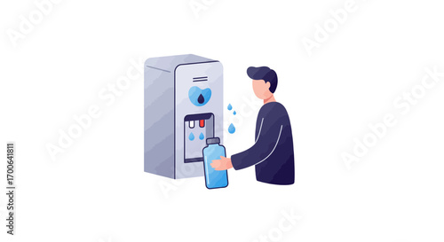 Stay hydrated filling reusable bottle from water cooler, modern office sustainability and wellness concept