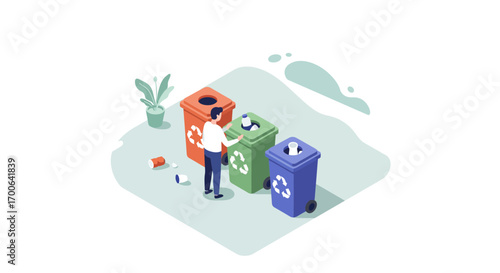 Person sorting recycling into color coded bins for eco friendly waste disposal solution