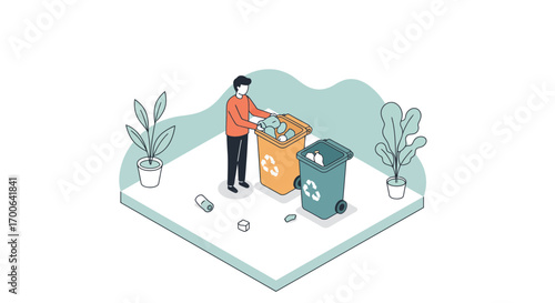 Eco conscious person sorting waste into recycling bins for a sustainable lifestyle initiative