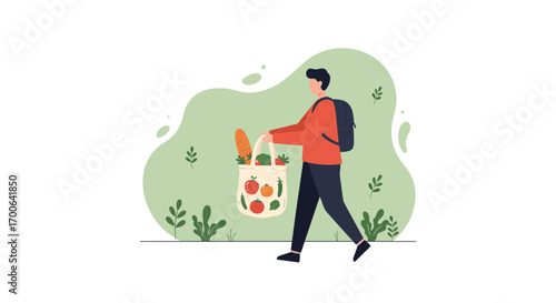Man walks with reusable grocery bag filled with fresh vegetables and bread from local farmers market