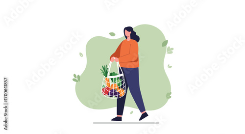 Stylish woman with reusable bag full of fresh groceries promoting sustainable shopping