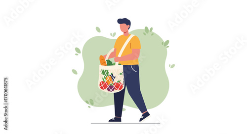 Man carrying a reusable grocery bag full of fresh produce for healthy eating lifestyle