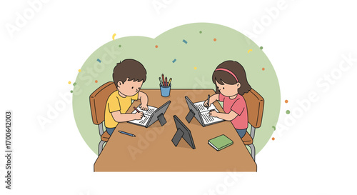 Young students diligently studying at desks, learning together in a bright, engaging classroom setting