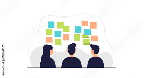 Team collaborating on ideas with colorful sticky notes, brainstorming session for innovation and strategy